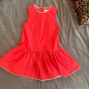 Girls Boden, red, cotton, drop waist dress with pin-tucks.